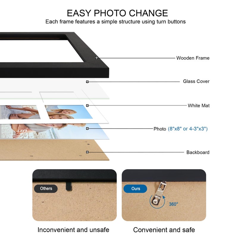 Hongkee مجموعة إطارات صور Hongkee مقاس 8 × 8 مكونة من قطعتين، مع إطارات زجاجية وخشبية سوداء، وعرض مجمع بأربع فتحات مقاس 3 × 3 مع حصيرة أو 8 × 8 بدون حصيرة للتعليق على الحائط أو سطح الطاولة - Image 3
